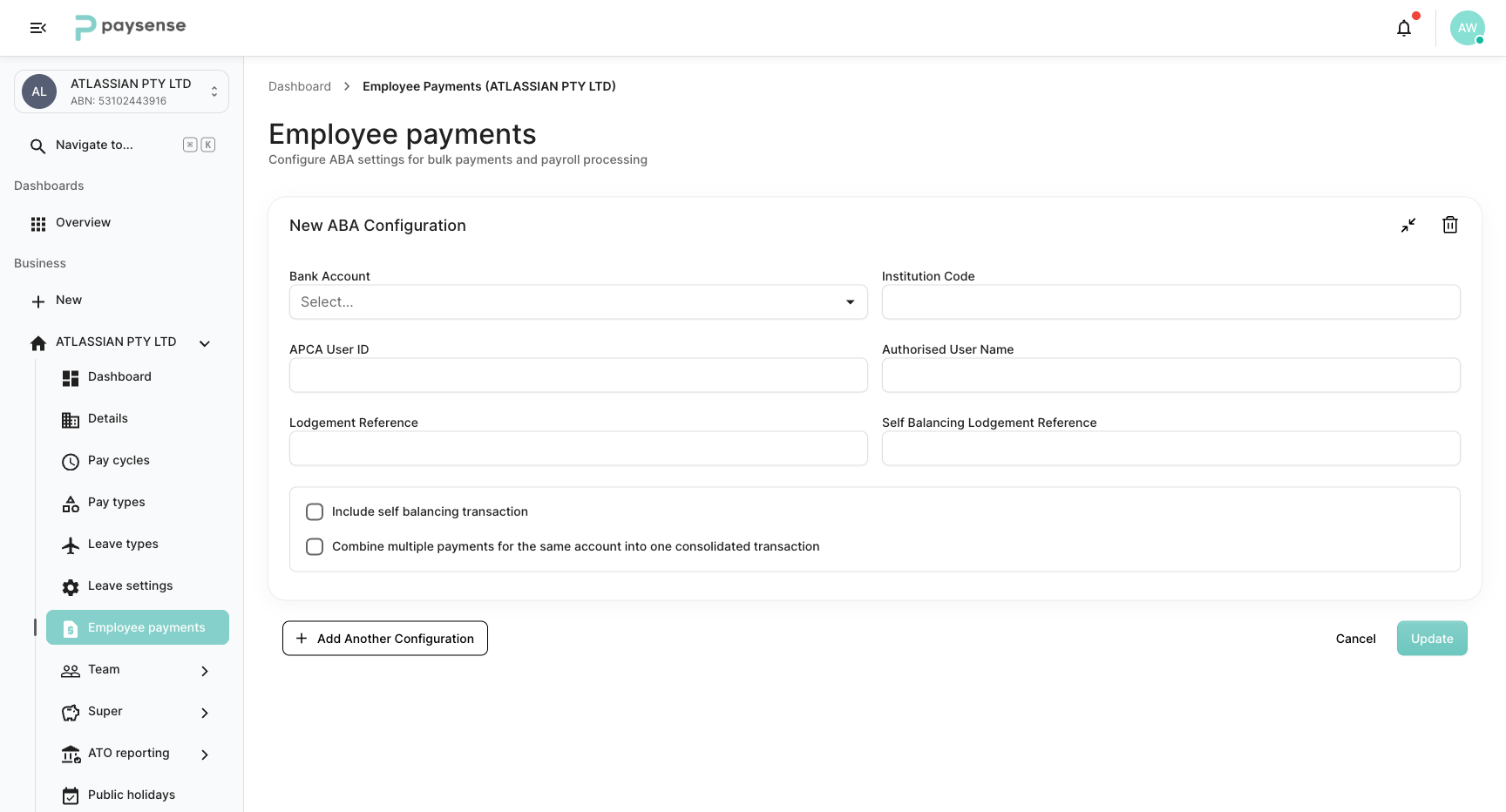 Employee payments page showing the ABA configuration form