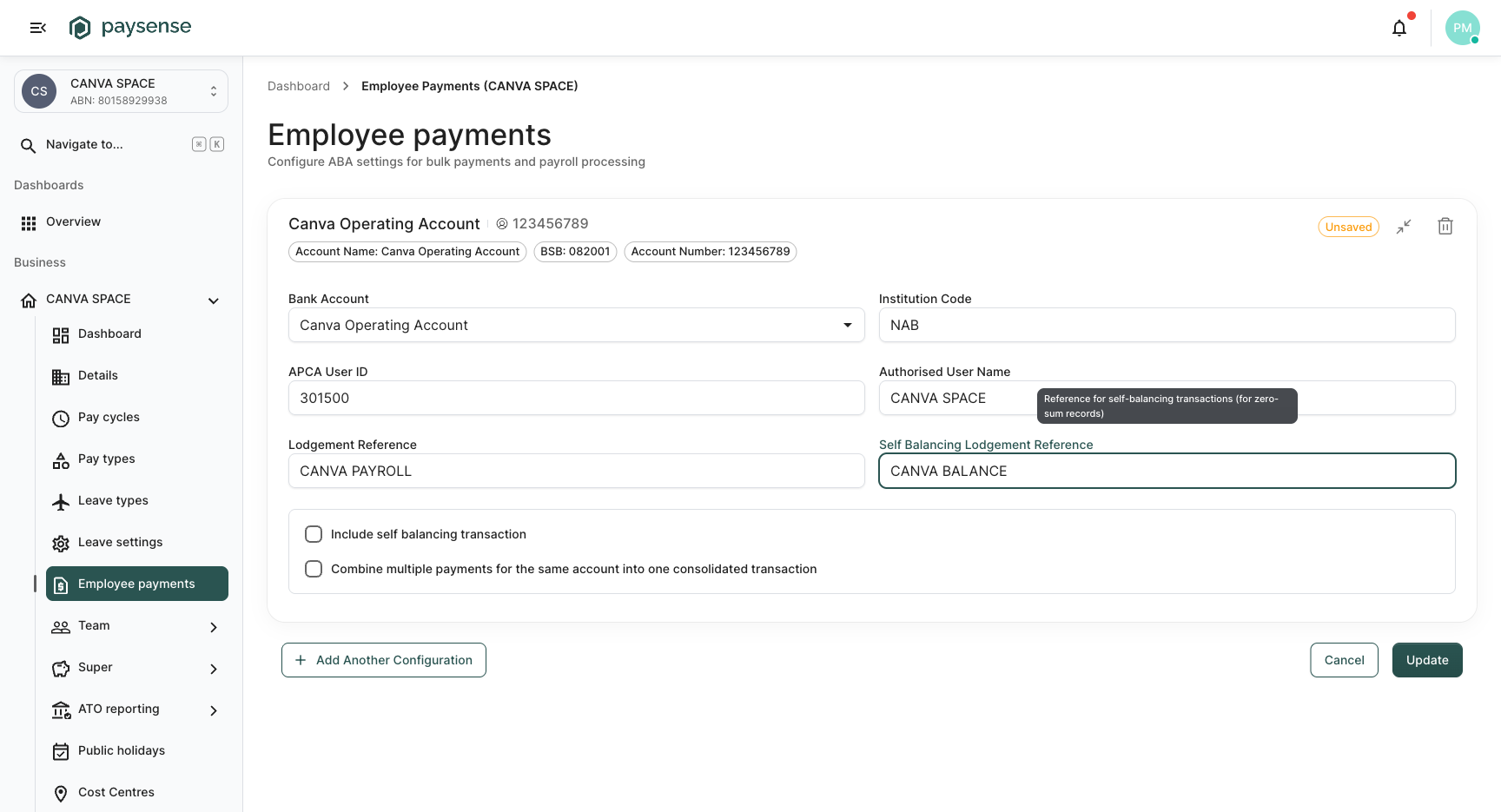 Employee payments page showing the ABA configuration form