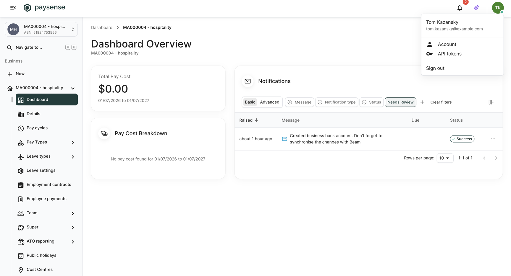 Account menu open with Account, API tokens, and Sign out