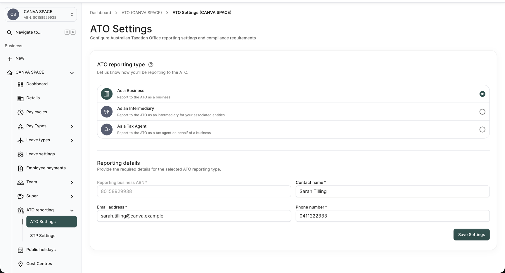 ATO Settings screen on arrival with As a Business selected, the Reporting business ABN field greyed out, and the contact fields pre-filled