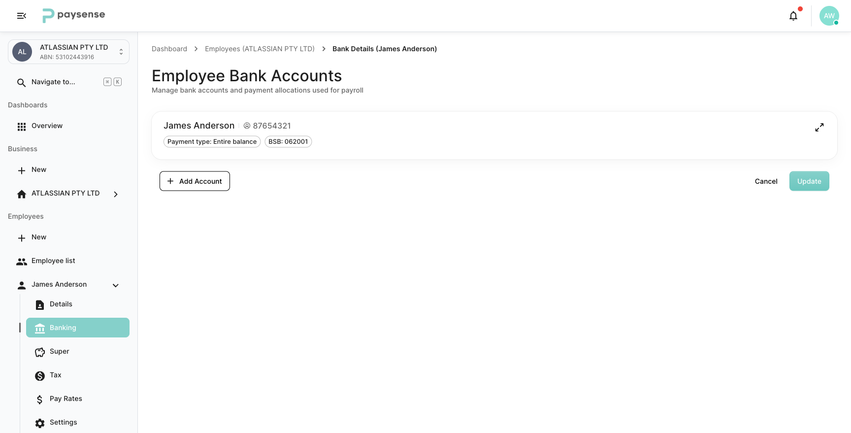 Employee bank accounts page showing James Anderson's account with Entire balance allocation