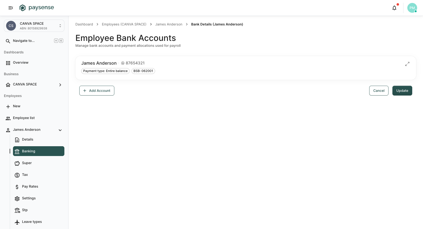 Employee bank accounts page showing James Anderson's account with Entire balance allocation