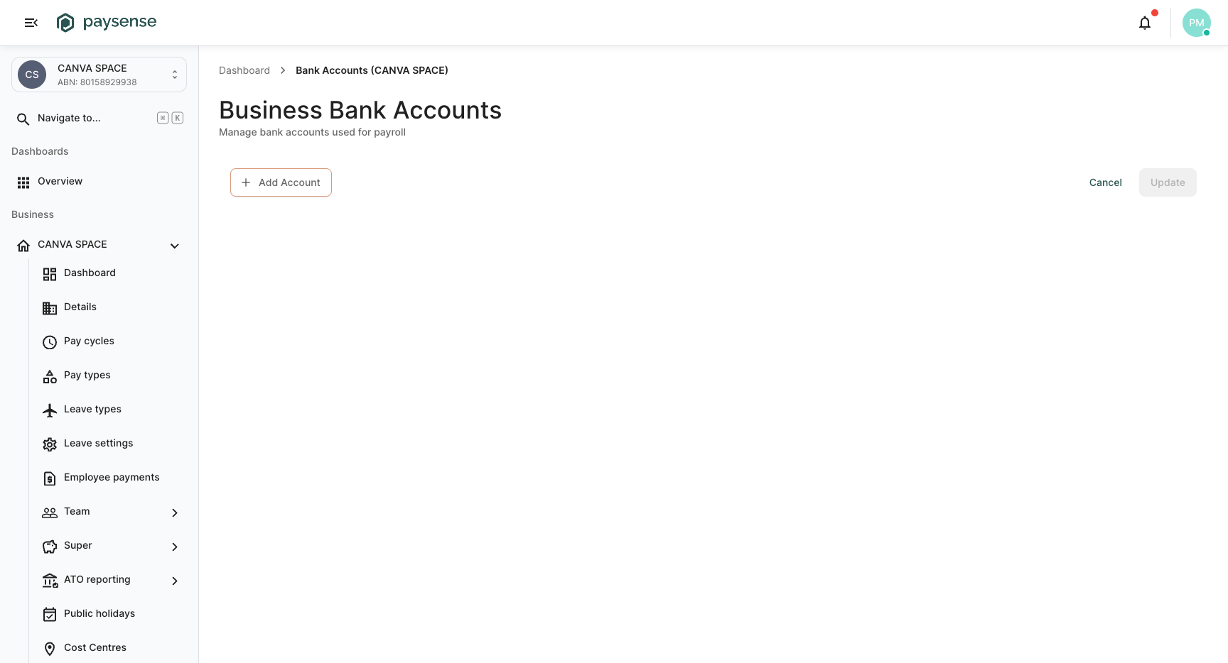 Empty bank accounts page with Add Account button