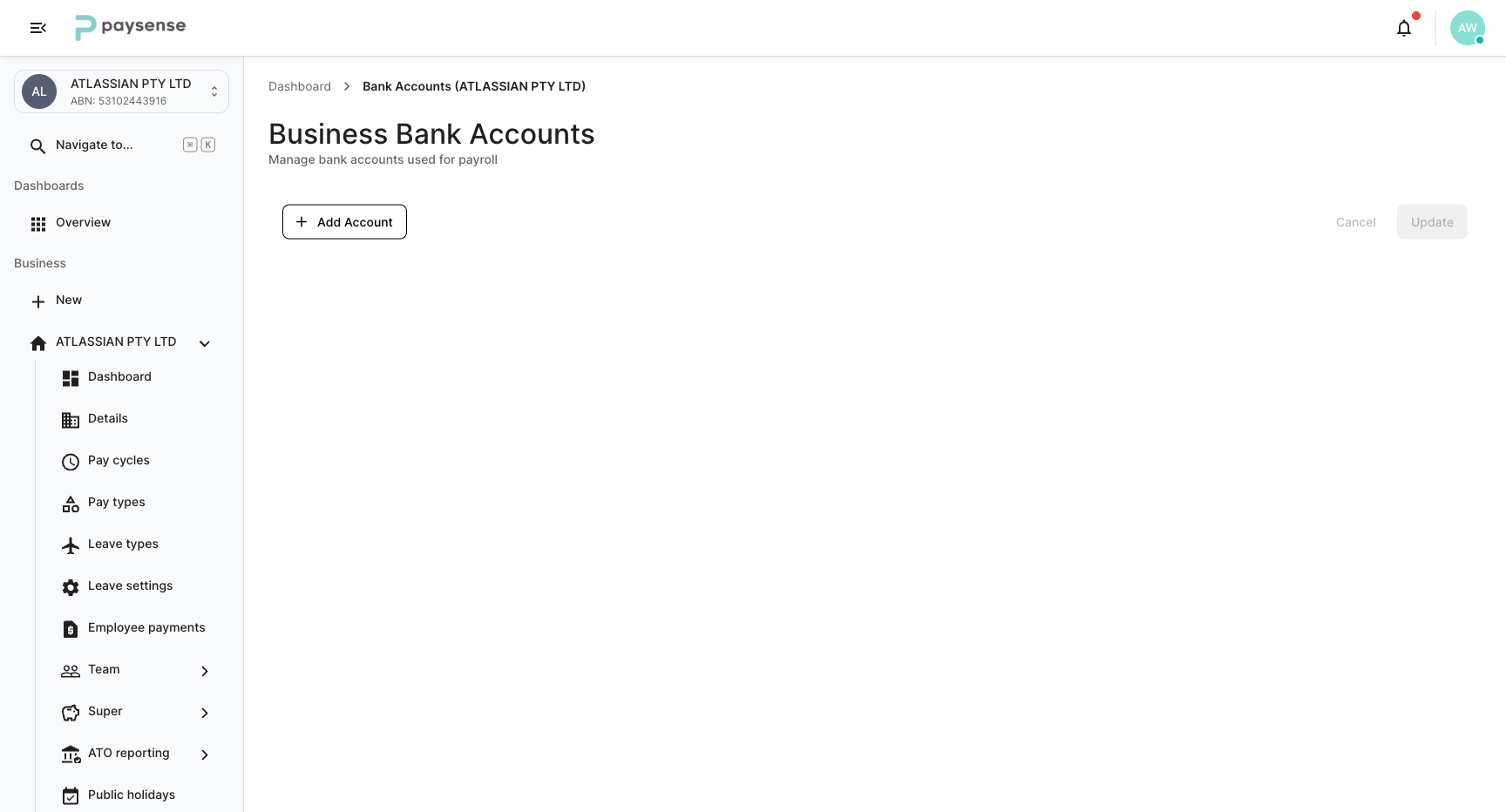 Empty bank accounts page with Add Account button