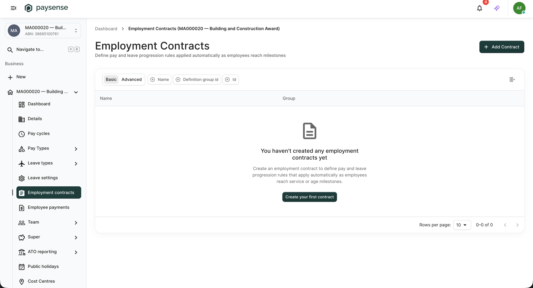 Employment Contracts list showing the empty state and the Add Contract button