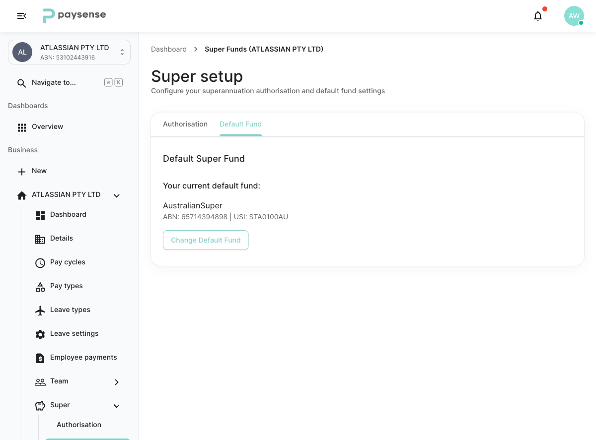 Default Fund tab showing the current default fund for the business