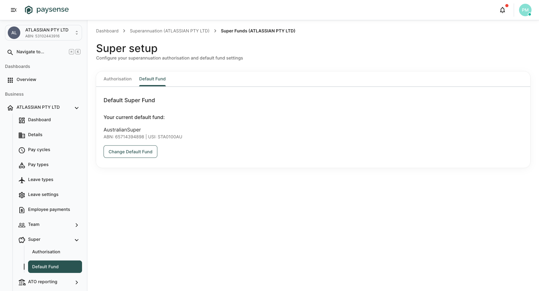 Default Fund tab showing the current default fund for the business