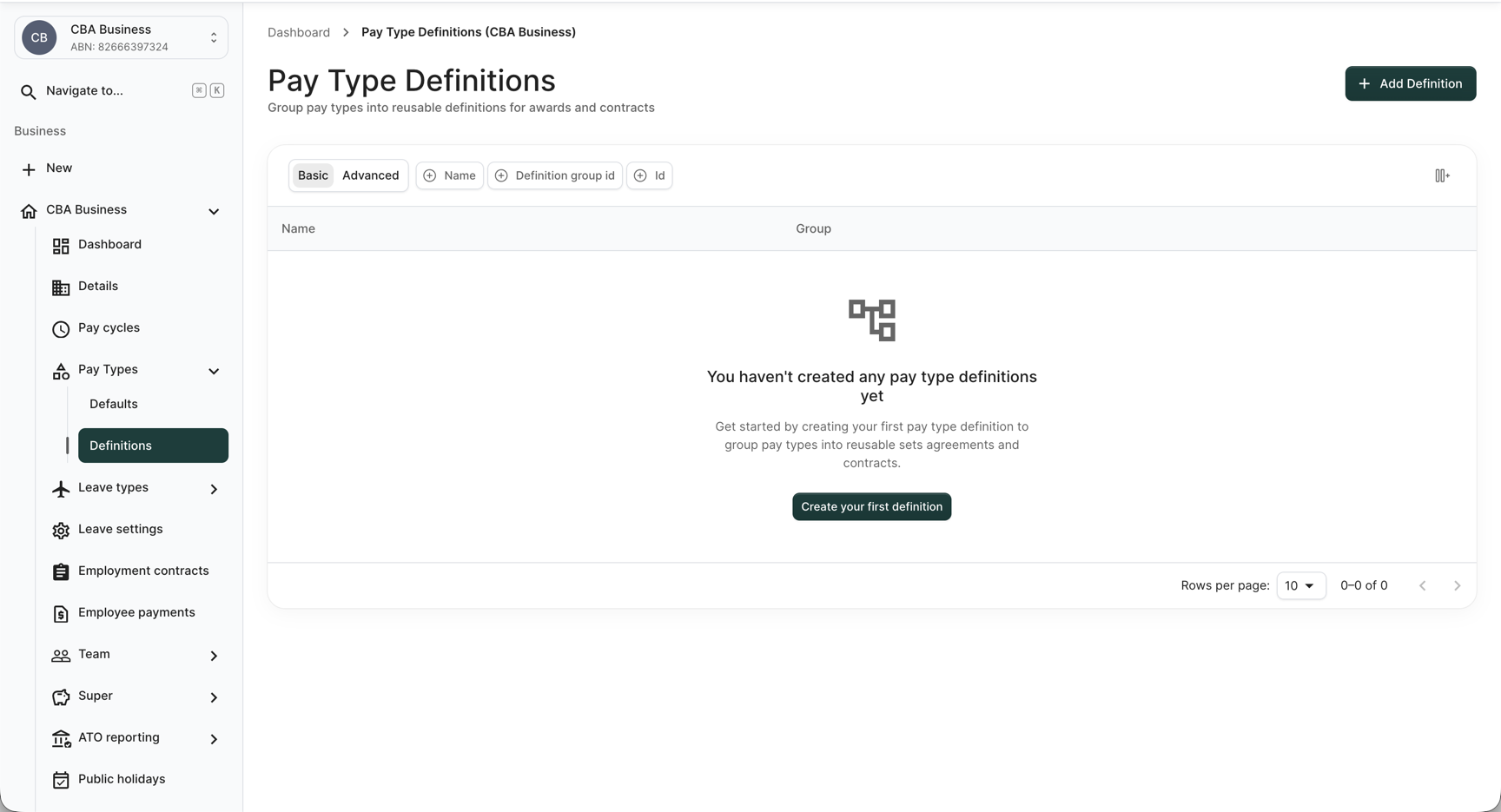 Pay Type Definitions list showing the empty state and the Add Definition button