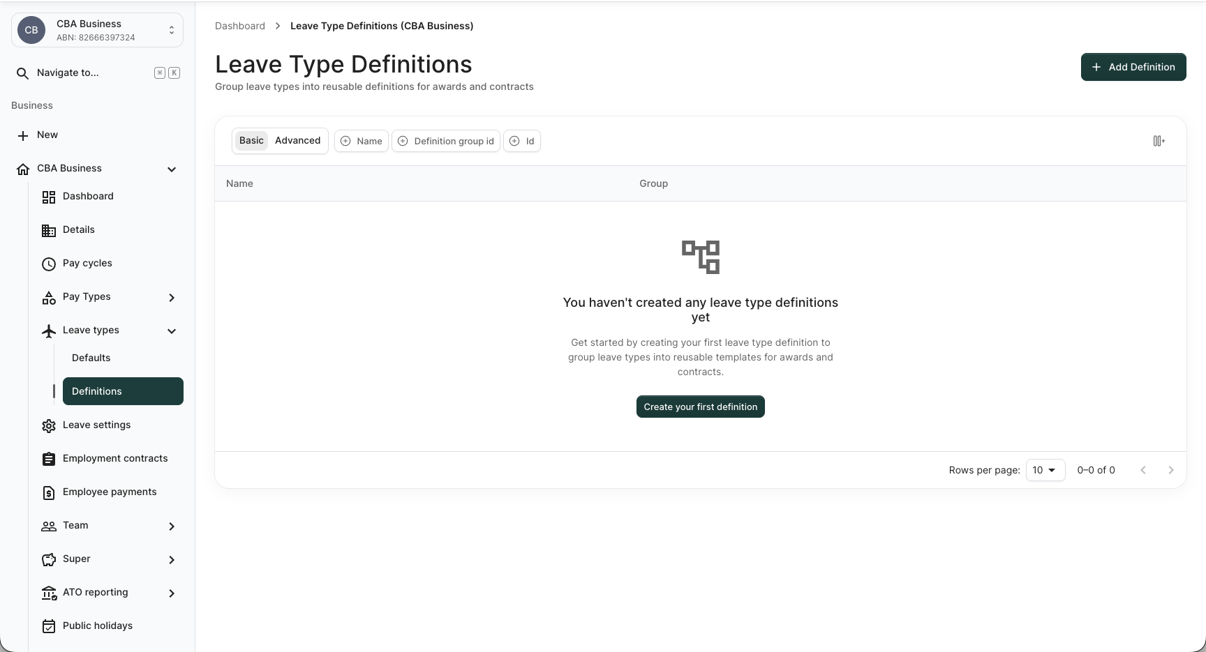 Leave Type Definitions list showing the empty state and the Add Definition button
