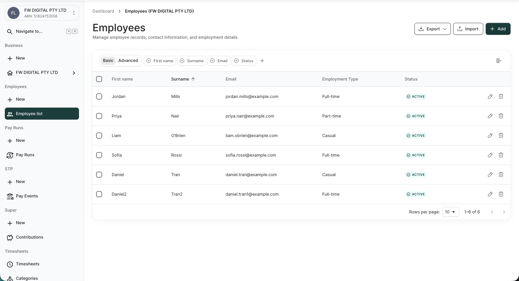 Employees list for FW DIGITAL PTY LTD with the Export, Import, and Add buttons in the top-right