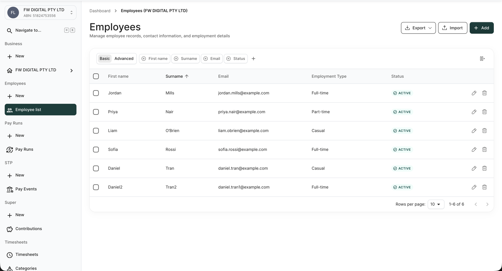 Employees list for FW DIGITAL PTY LTD with the Export, Import, and Add buttons in the top-right