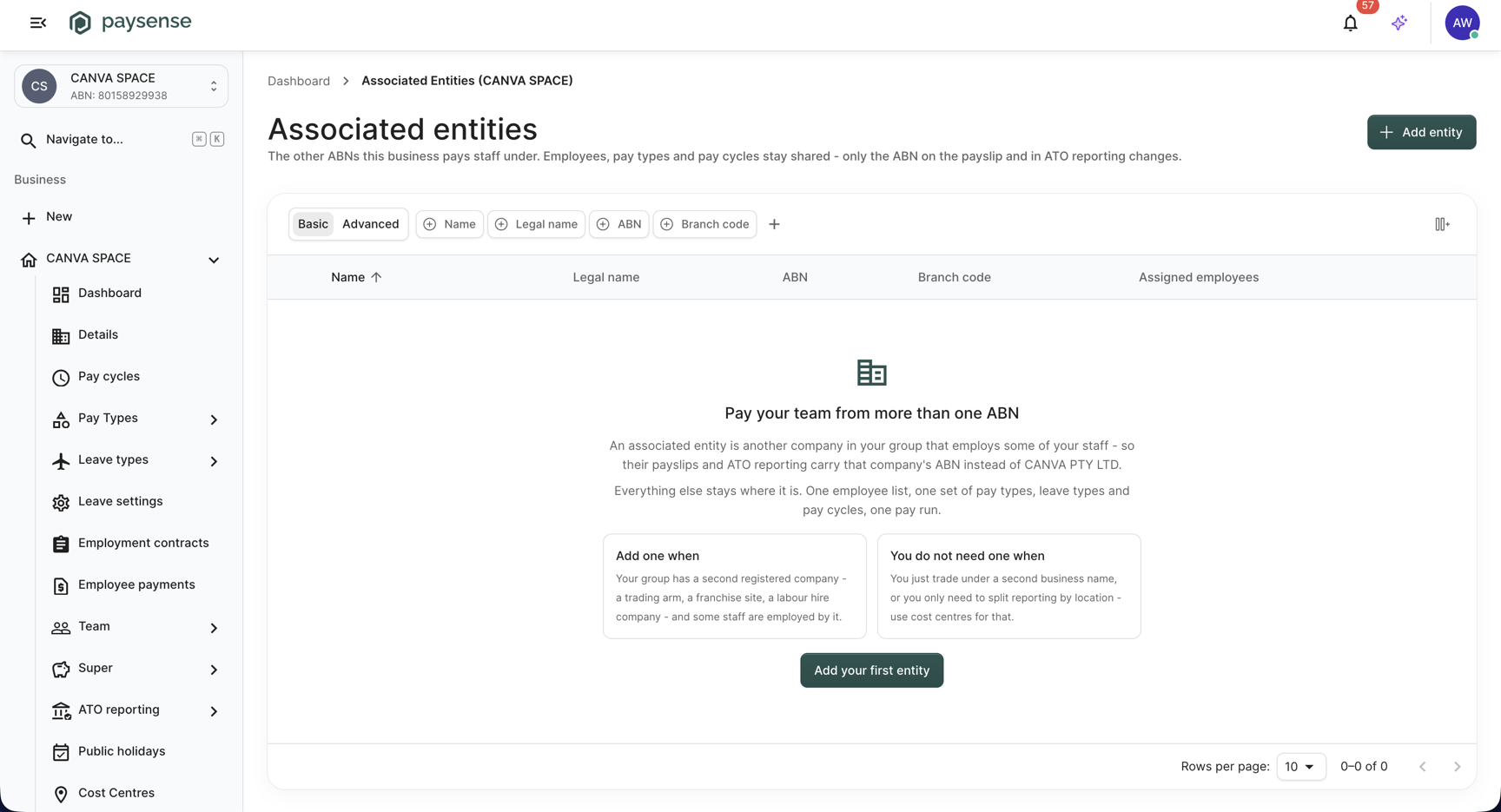 Associated Entities list showing the empty state for CANVA SPACE
