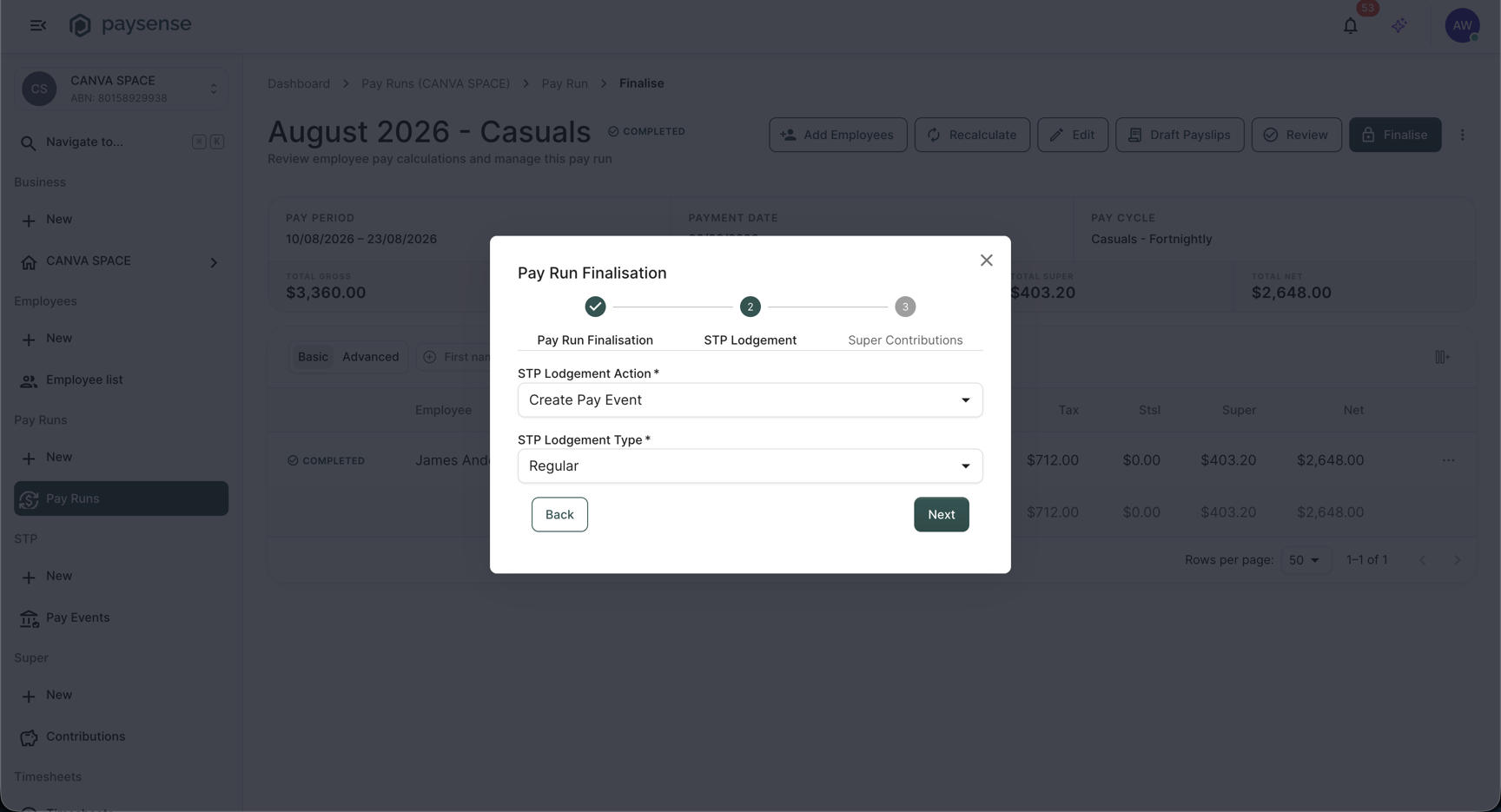 STP Lodgement step of the Pay Run Finalisation wizard with STP Lodgement Action set to Create Pay Event and STP Lodgement Type set to Regular