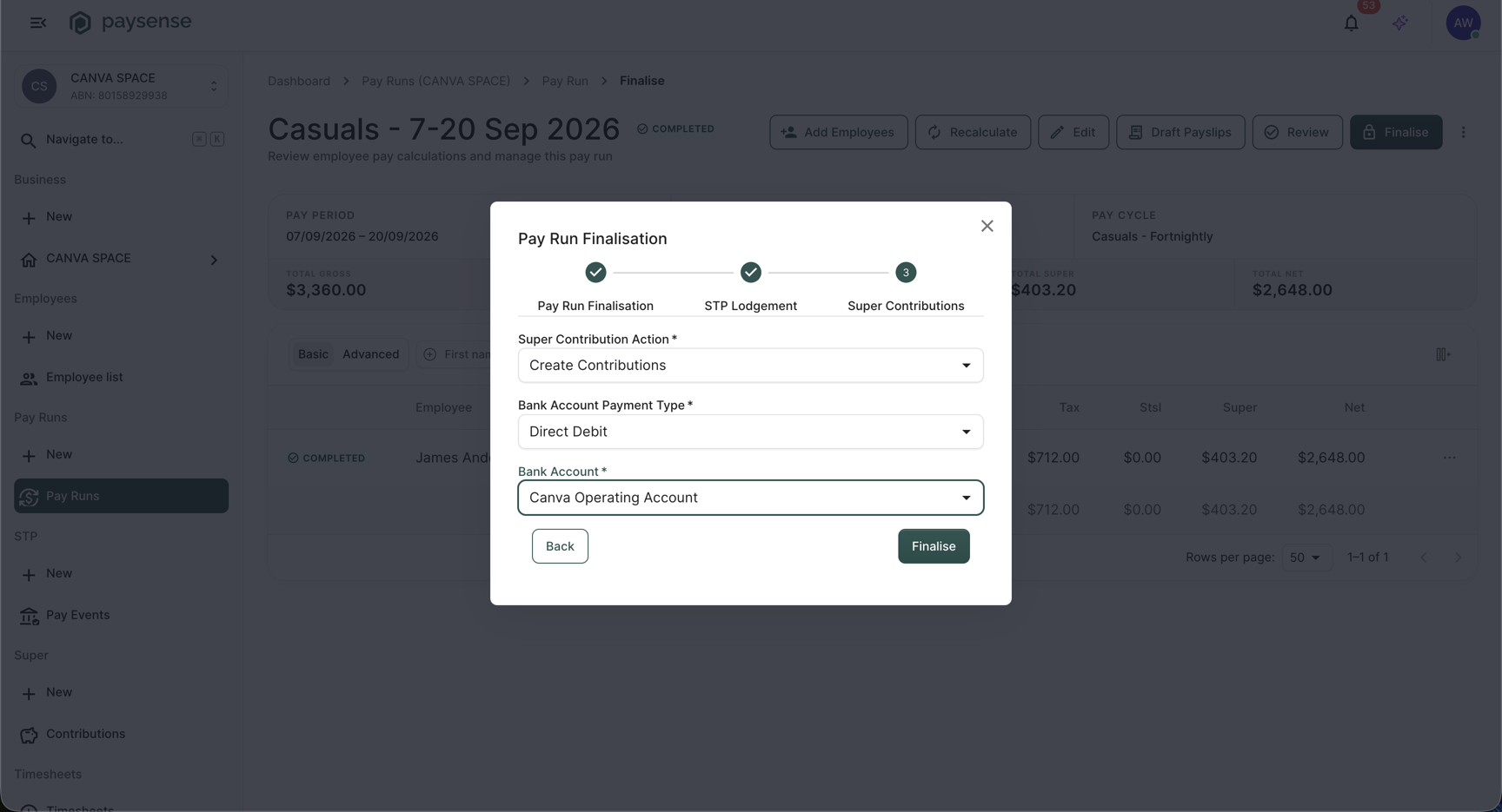 Super Contributions step of the Pay Run Finalisation wizard with Super Contribution Action set to Create Contributions, Bank Account Payment Type set to Direct Debit, and Canva Operating Account selected