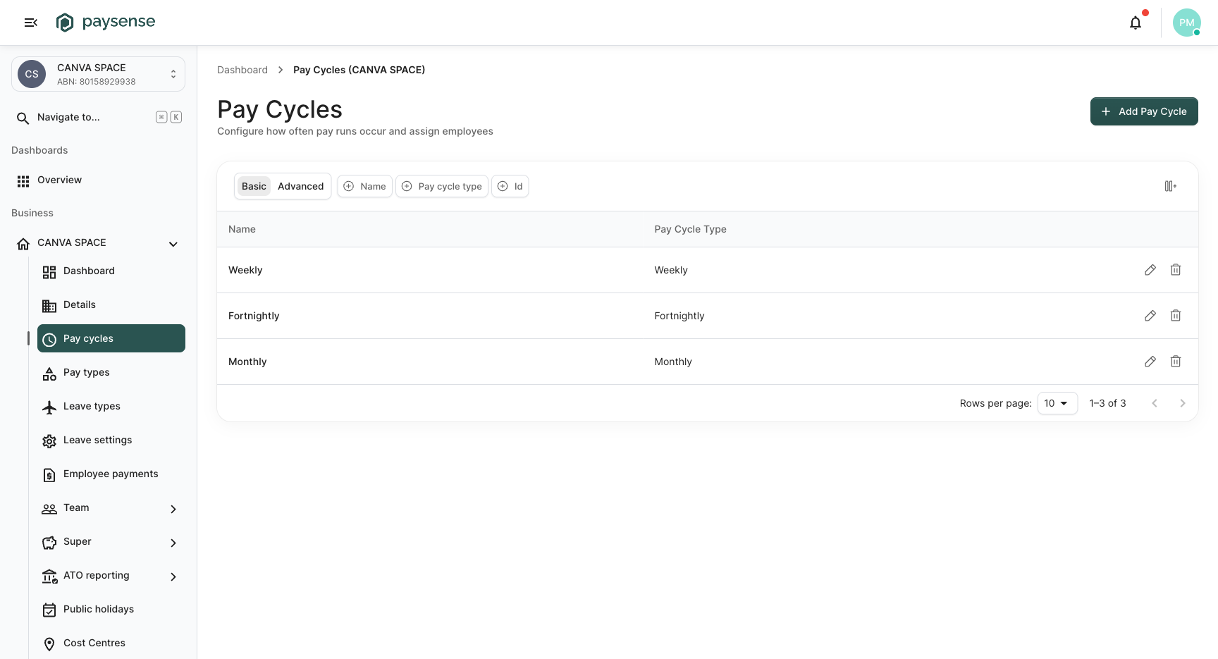 Pay Cycles list showing the three default cycles seeded with a new business