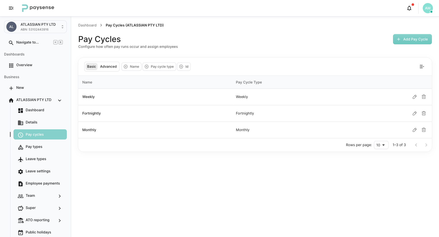 Pay Cycles list showing the three default cycles seeded with a new business