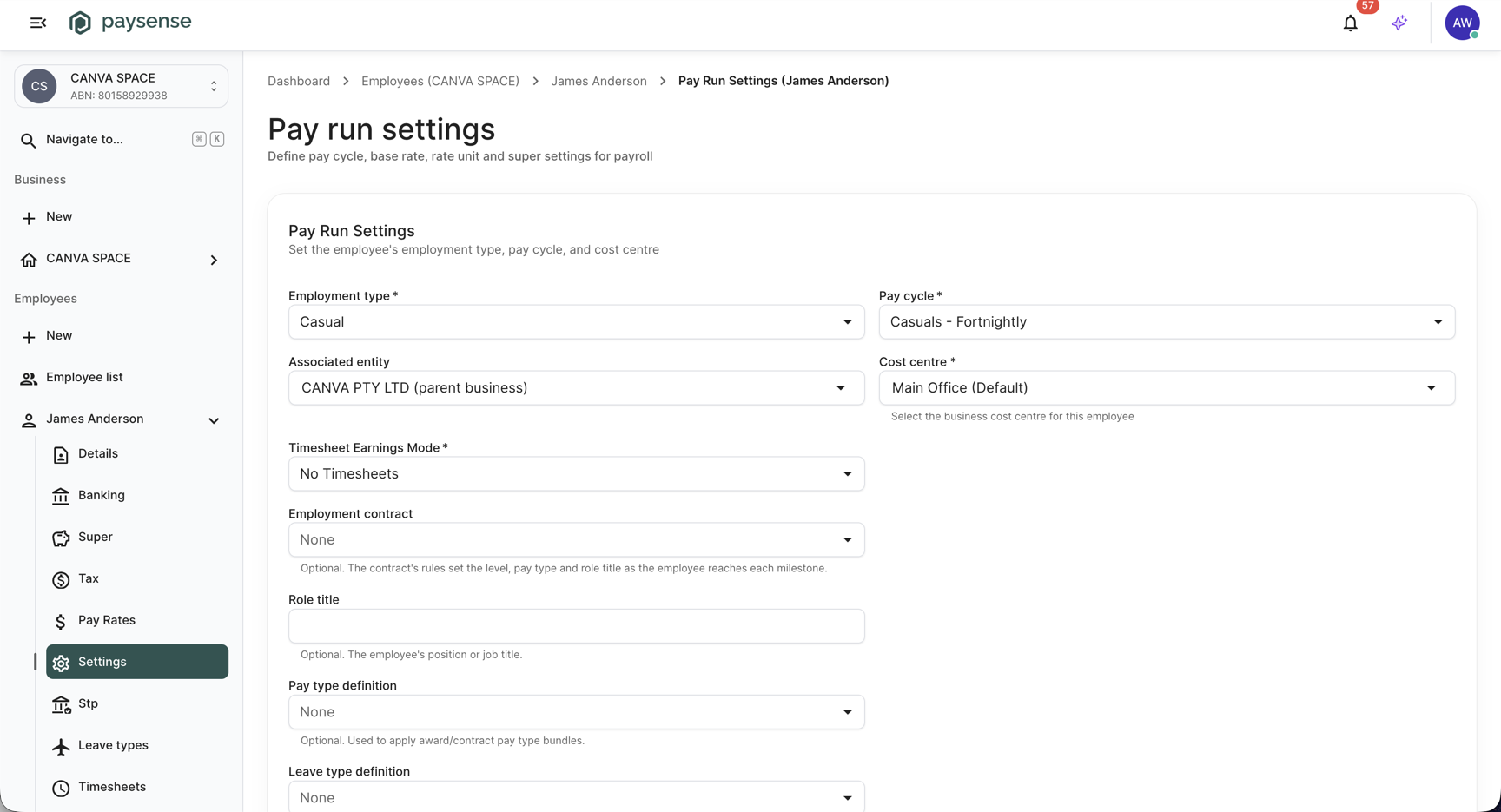 Pay run settings page for James Anderson with Casual, Casuals - Fortnightly, Main Office (Default), No Timesheets, and Employment contract, Pay type definition, and Leave type definition set to None