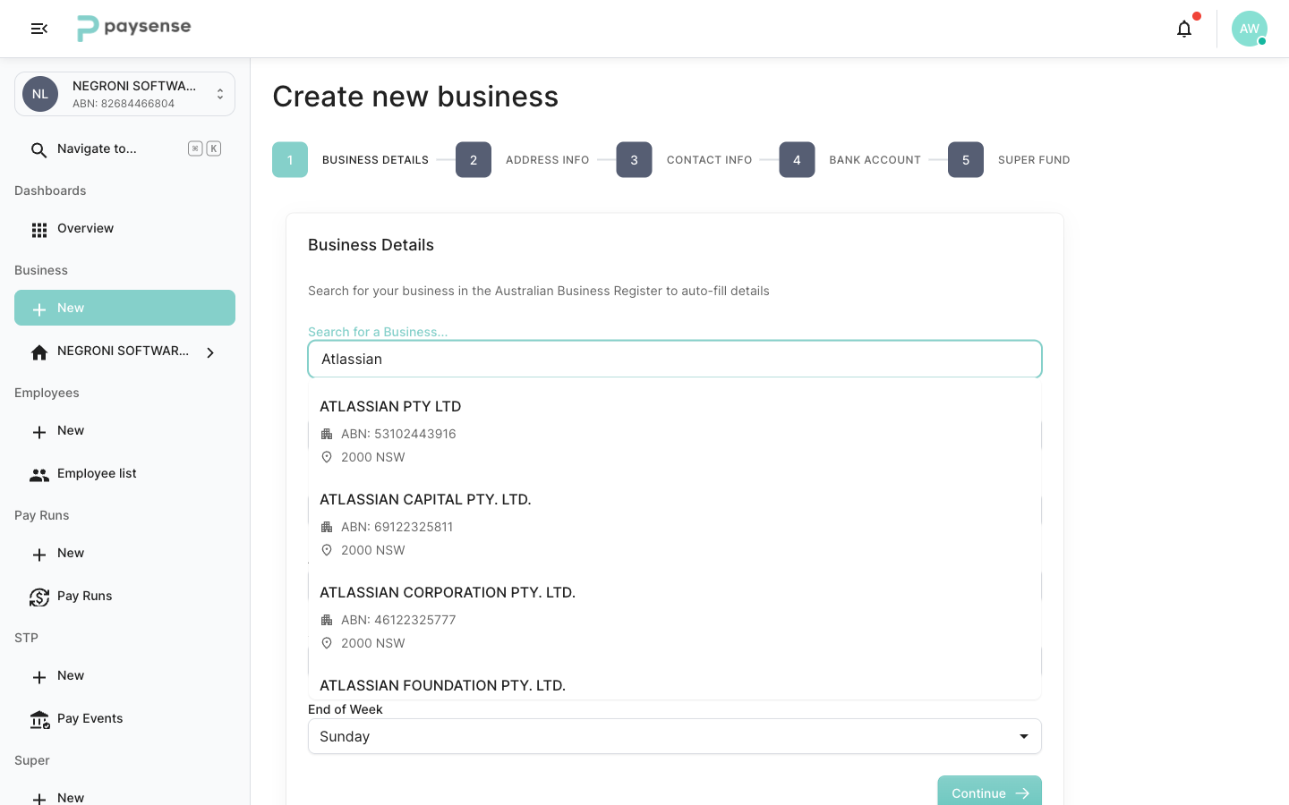 ABR autocomplete dropdown showing Atlassian results