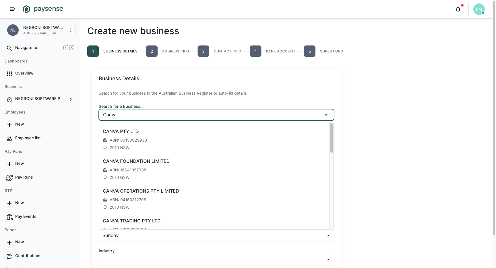 ABR autocomplete dropdown showing Canva results