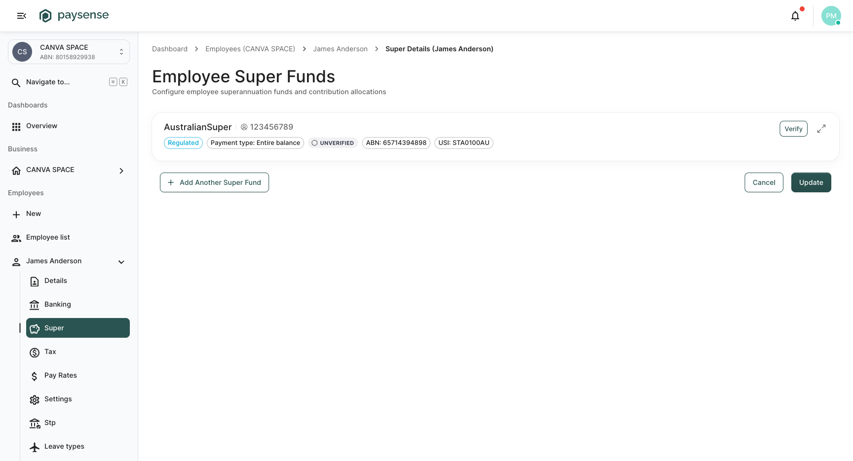 Employee super funds page showing James Anderson's AustralianSuper fund with Entire balance allocation