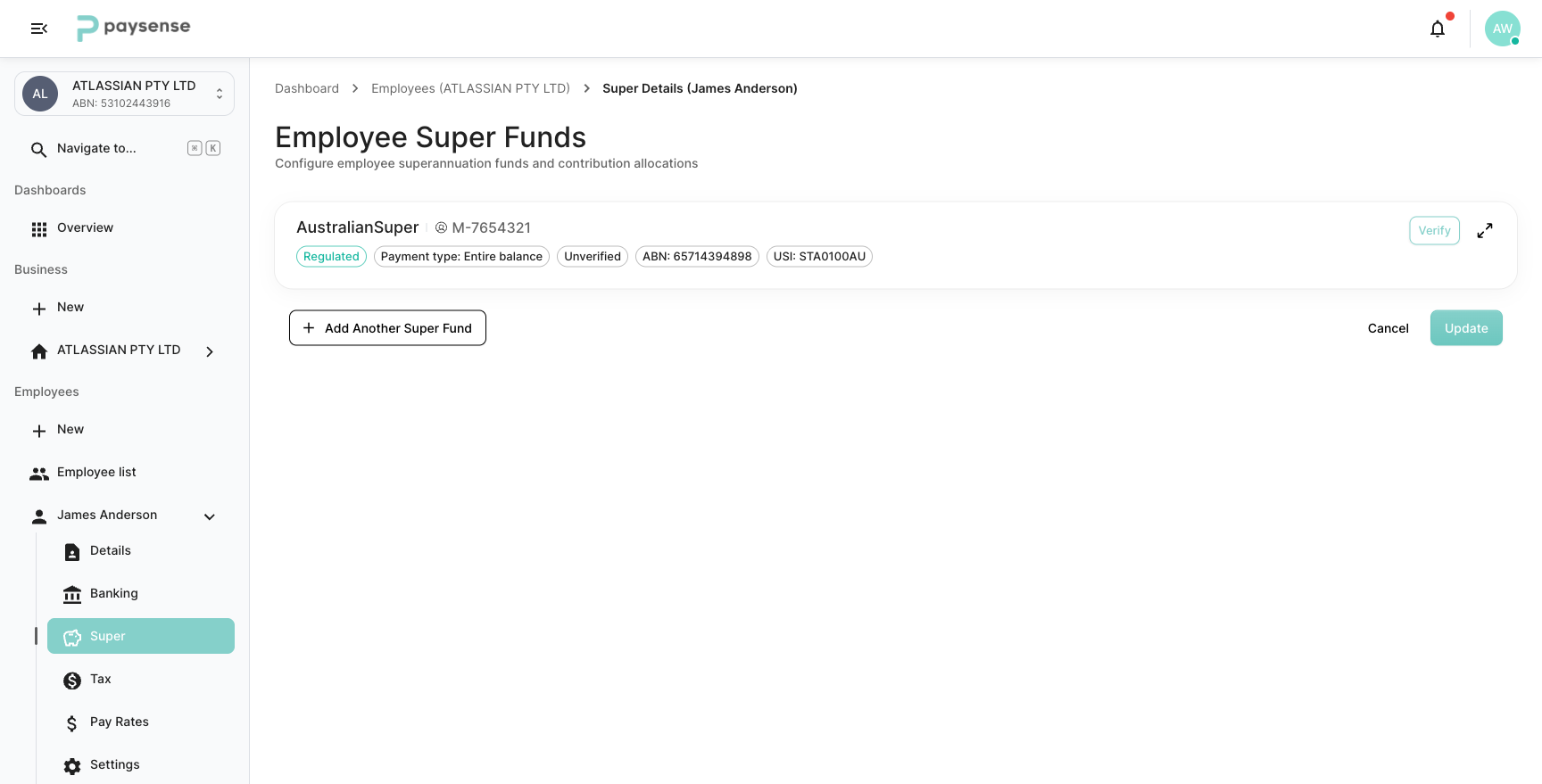 Employee super funds page showing James Anderson's AustralianSuper fund with Entire balance allocation