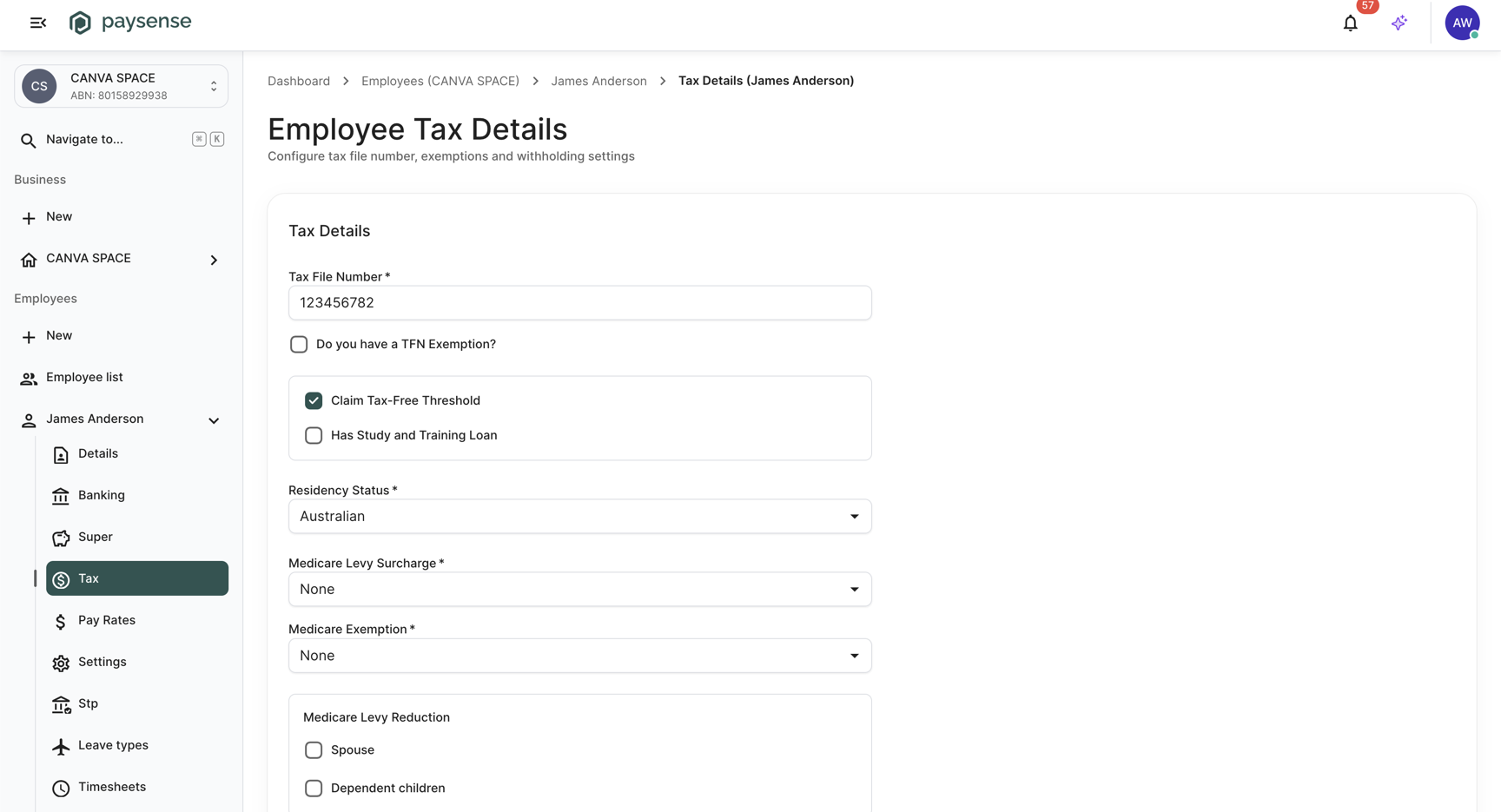 Employee Tax Details page for James Anderson with a TFN, Claim Tax-Free Threshold ticked, Australian residency, and Medicare options set to None