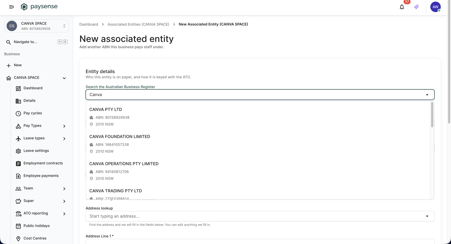 ABR search open with four Canva entities listed