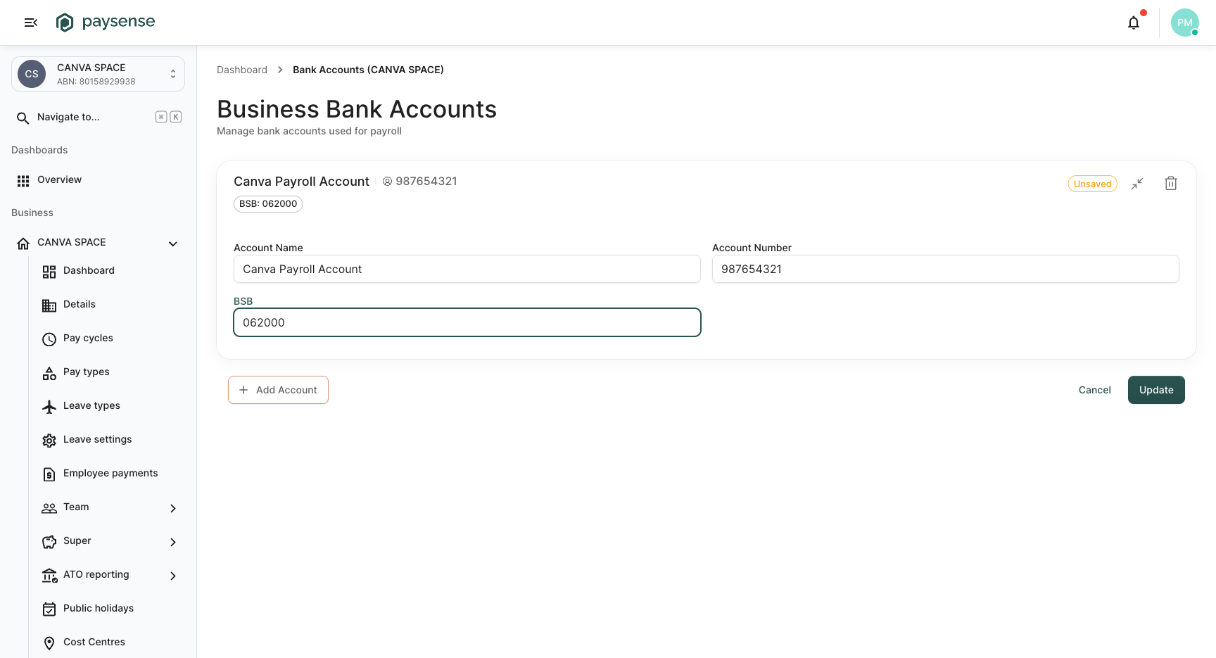 Add account form showing Account Name, Account Number, and BSB fields