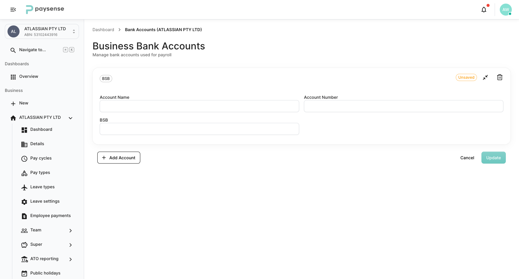 Add account form showing Account Name, Account Number, and BSB fields