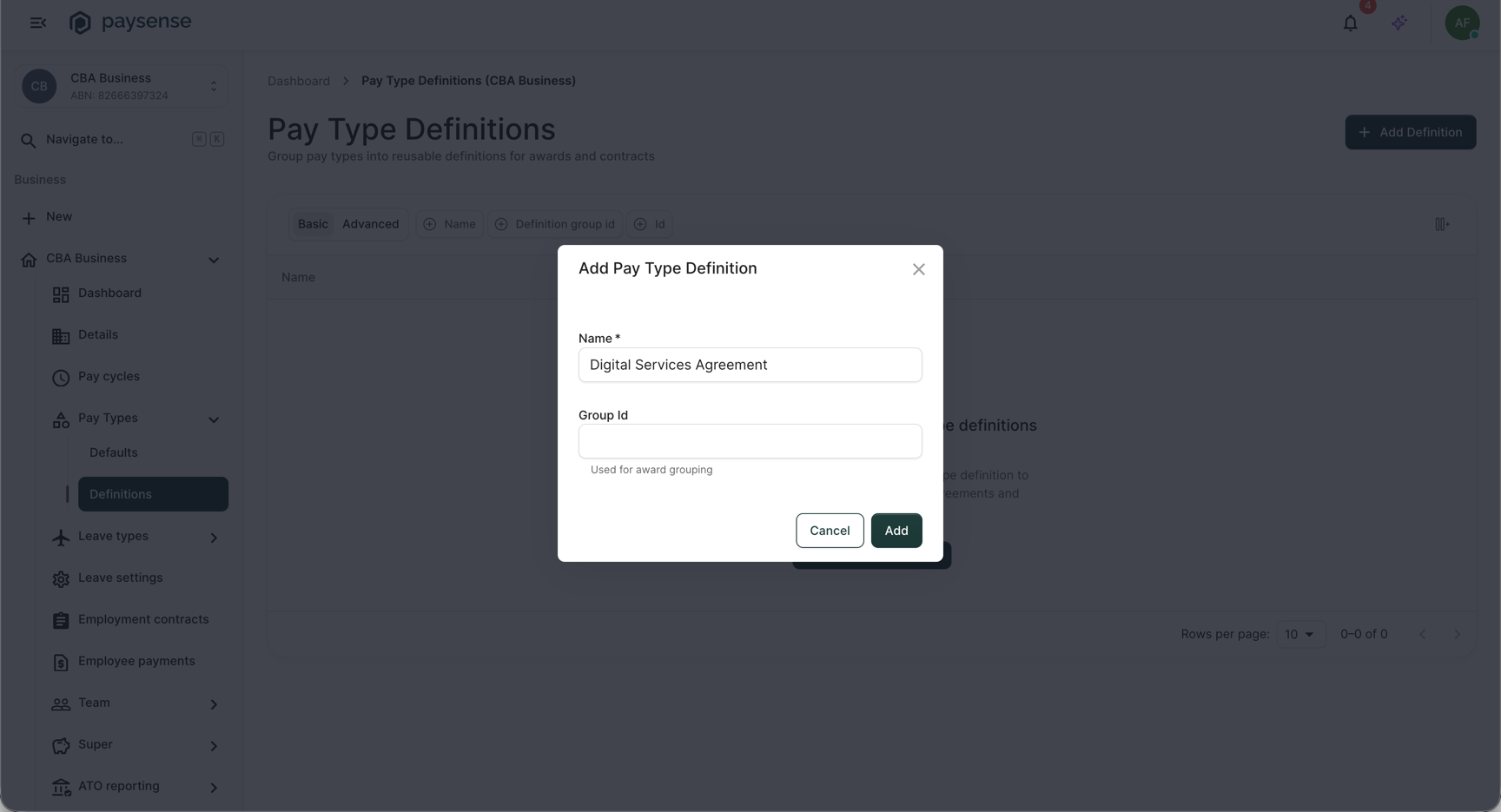 Add Pay Type Definition dialog with the name filled in