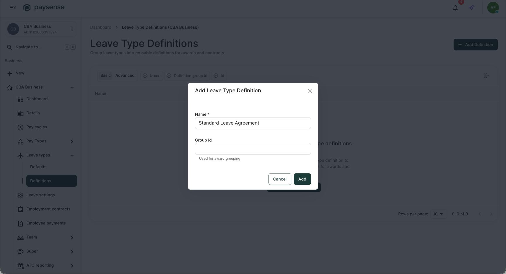 Add Leave Type Definition dialog with the name filled in