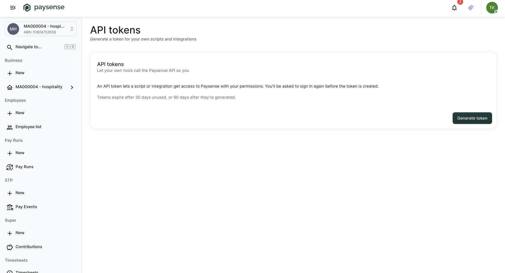 API tokens page with the Generate token button