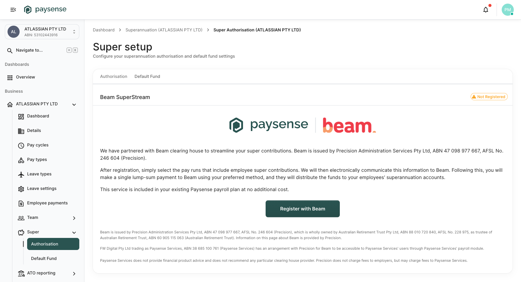 Authorisation tab showing the Beam partnership and Register with Beam button