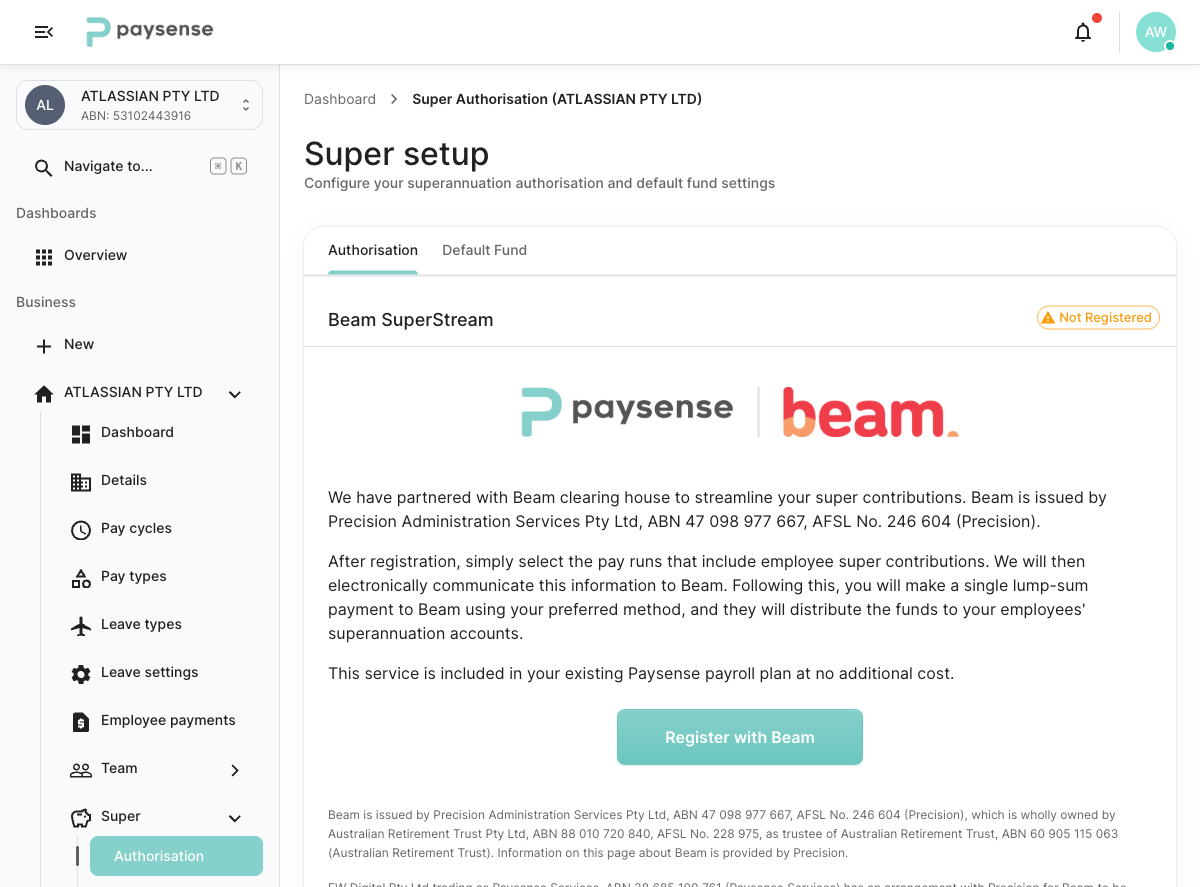 Authorisation tab showing the Beam partnership and Register with Beam button