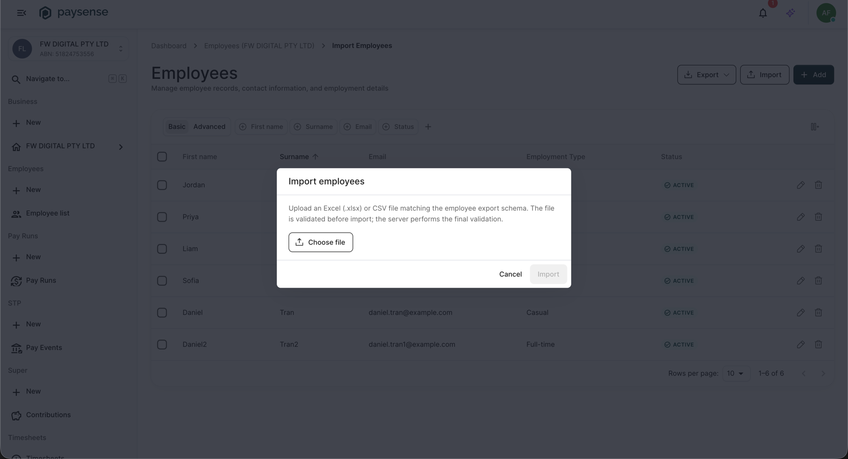 Import employees dialog with the Choose file button, before a file is selected