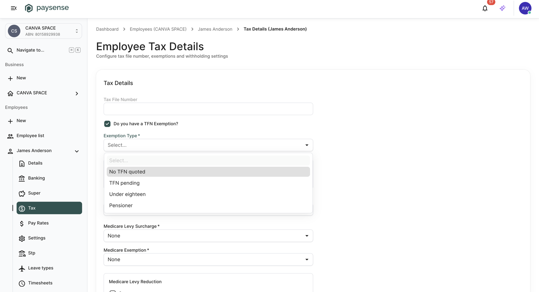 TFN exemption ticked with the Tax File Number field cleared and the Exemption Type list open