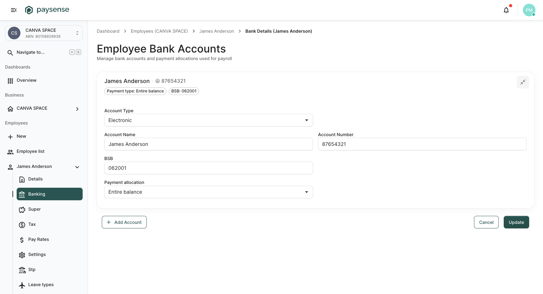 Expanded account card showing Account Type, Account Name, Account Number, BSB, and Payment allocation fields