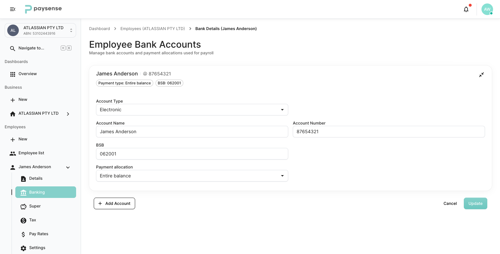 Expanded account card showing Account Type, Account Name, Account Number, BSB, and Payment allocation fields