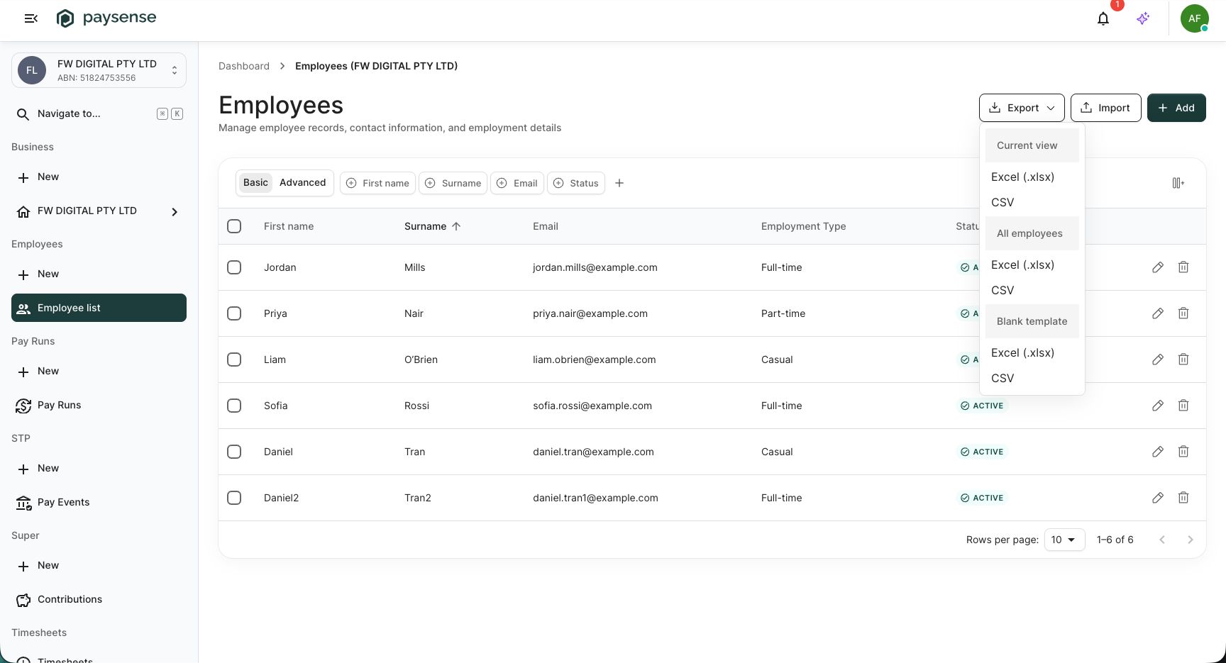 Export menu open showing Current view, All employees, and Blank template, each with Excel and CSV options