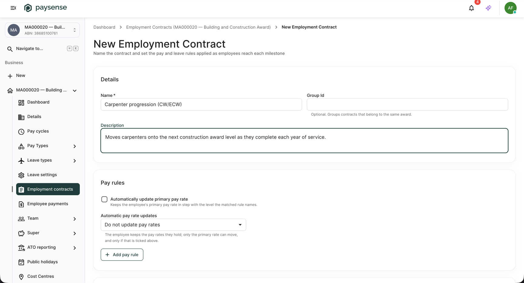 Details card filled in with the contract name and description