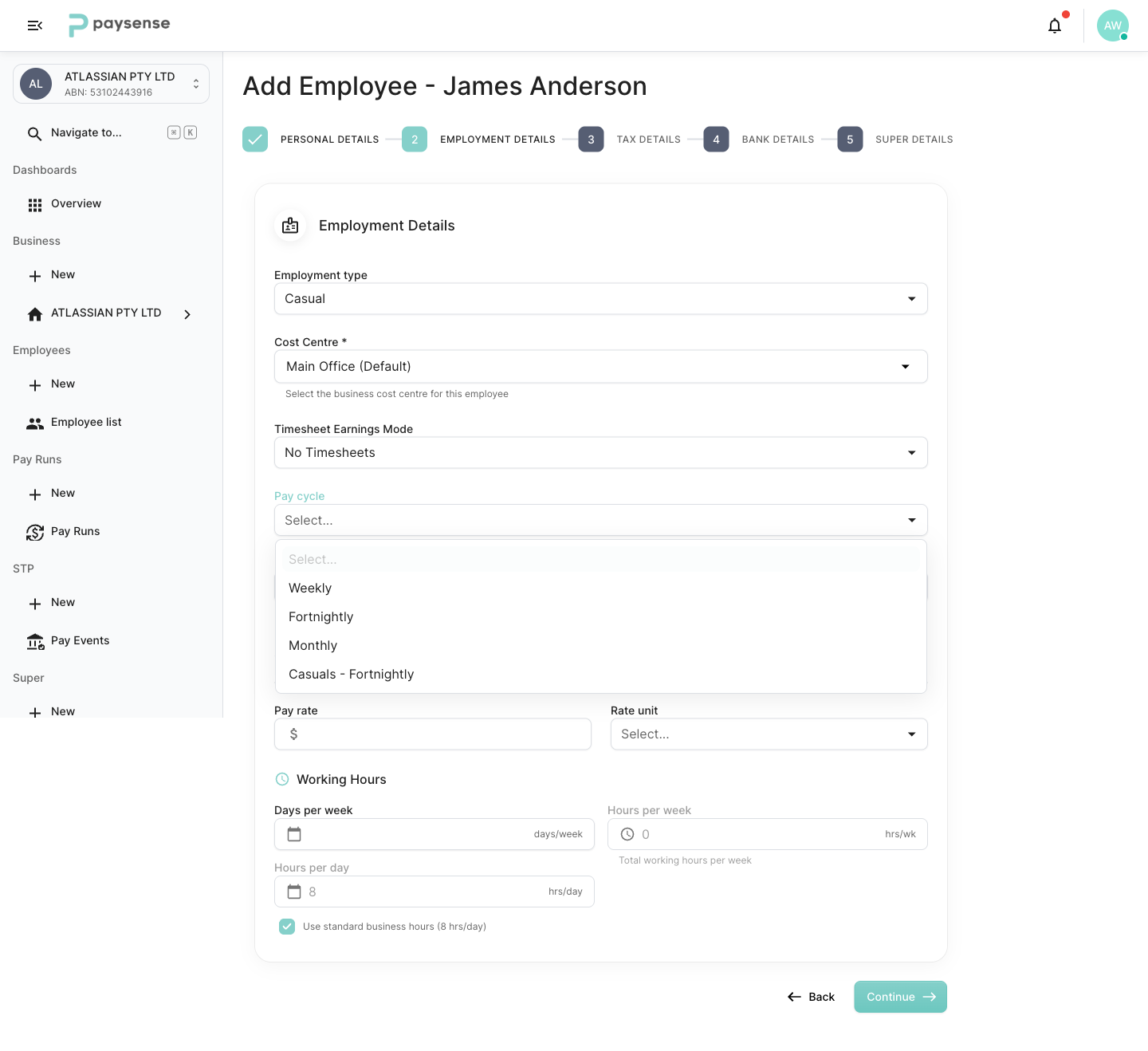 Pay cycle dropdown listing Weekly, Fortnightly, Monthly, and the custom Casuals - Fortnightly cycle