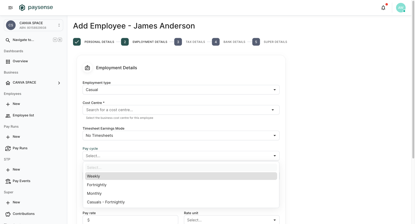 Pay cycle dropdown listing Weekly, Fortnightly, Monthly, and the custom Casuals - Fortnightly cycle