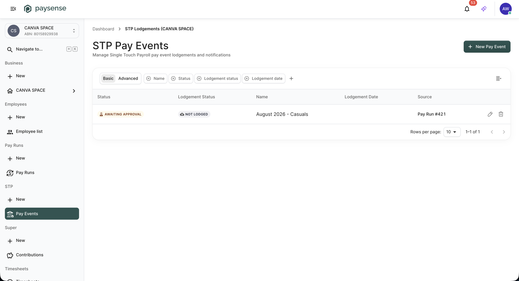 STP Pay Events list showing the August 2026 - Casuals pay event with status Awaiting Approval and lodgement status Not Lodged