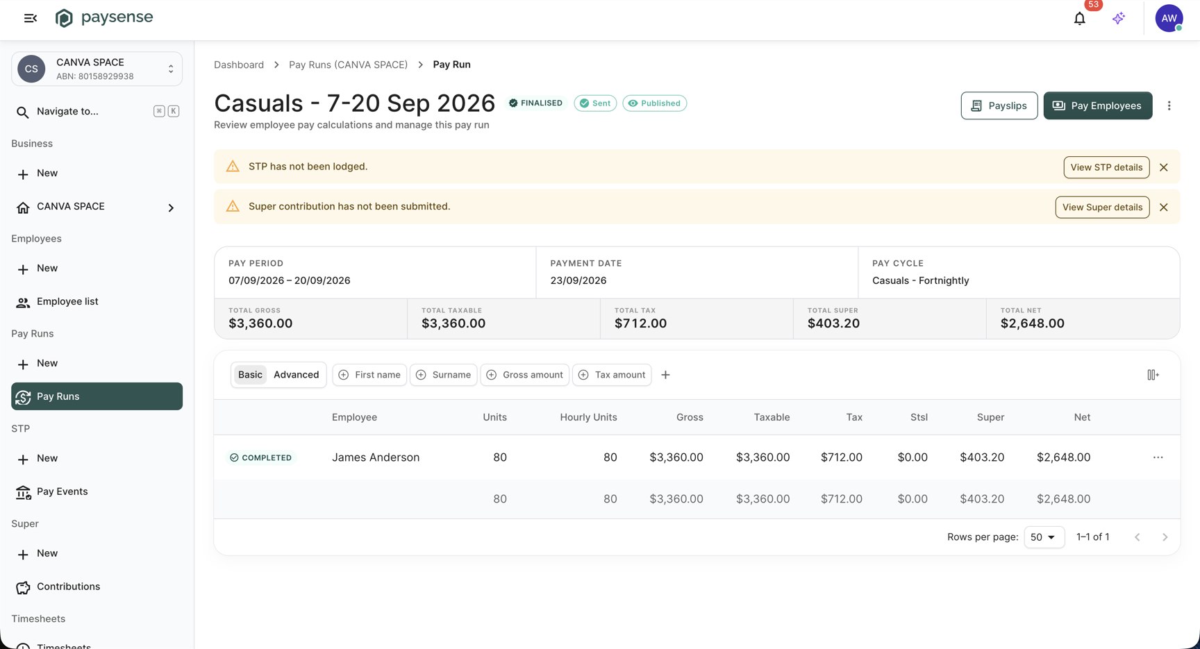 Finalised pay run page showing the Super contribution has not been submitted banner with a View Super details button
