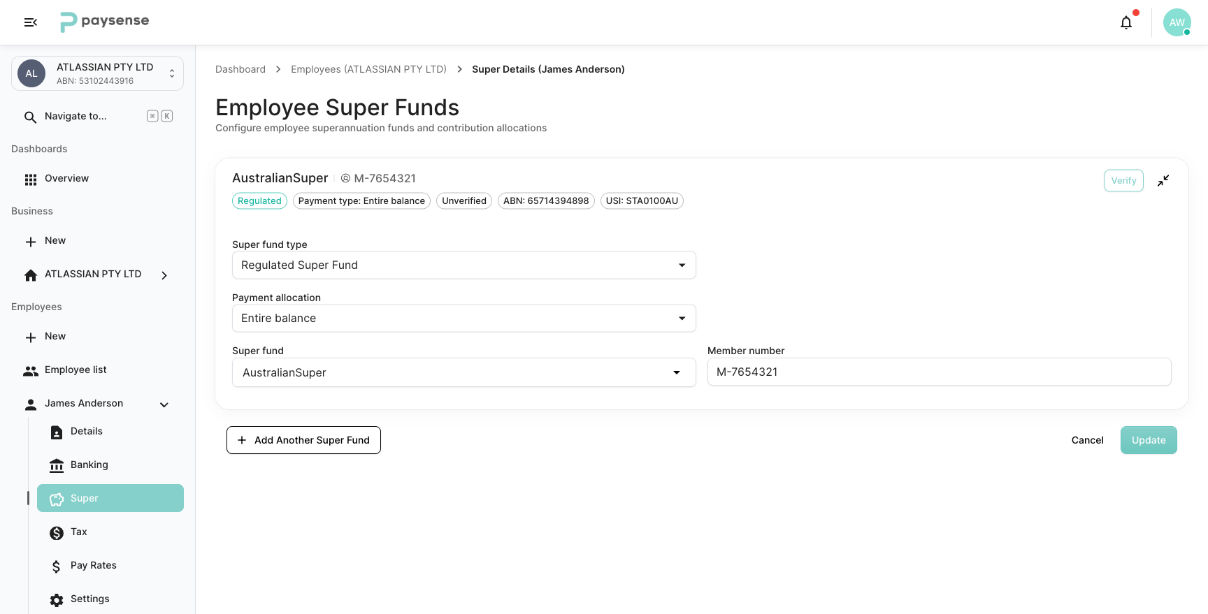 Expanded fund card showing Super fund type, Payment allocation, Super fund search, and Member number fields