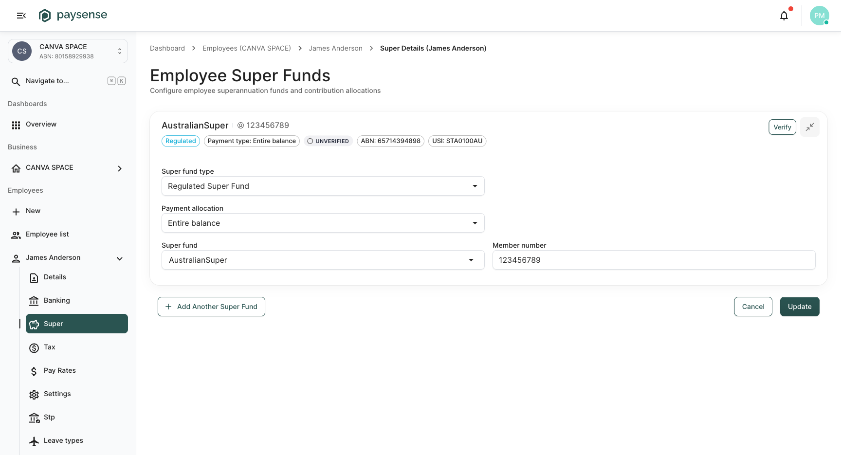 Expanded fund card showing Super fund type, Payment allocation, Super fund search, and Member number fields