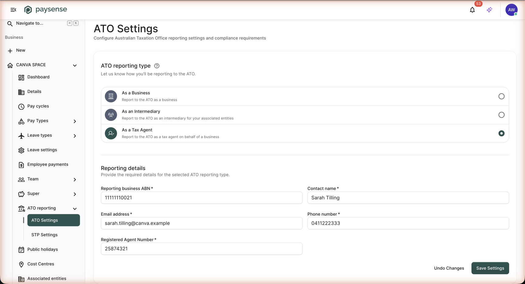 As a Tax Agent selected, with the Reporting business ABN field now editable and a Registered Agent Number field filled in