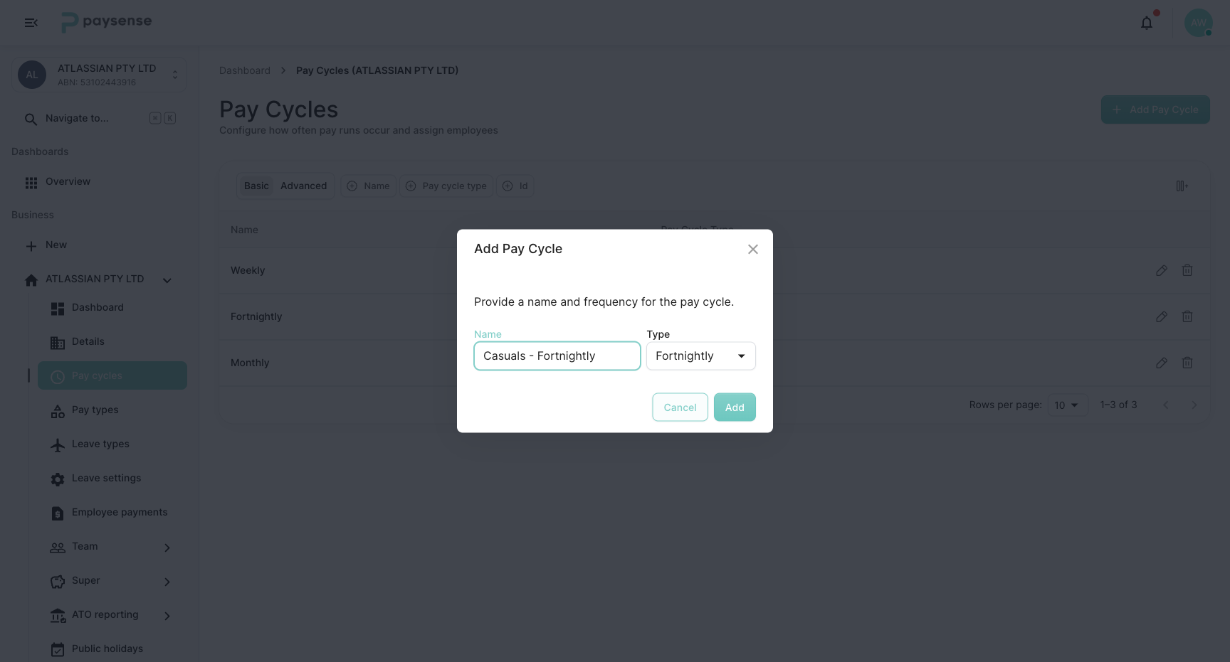 Add Pay Cycle modal filled in with name 'Casuals - Fortnightly' and type Fortnightly