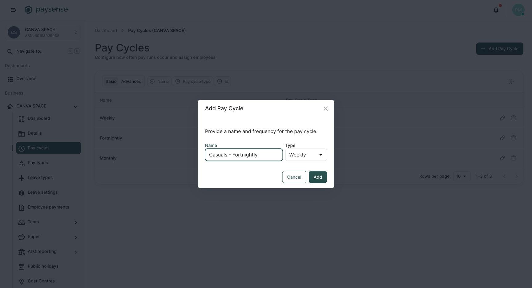 Add Pay Cycle modal filled in with name 'Casuals - Fortnightly' and type Fortnightly