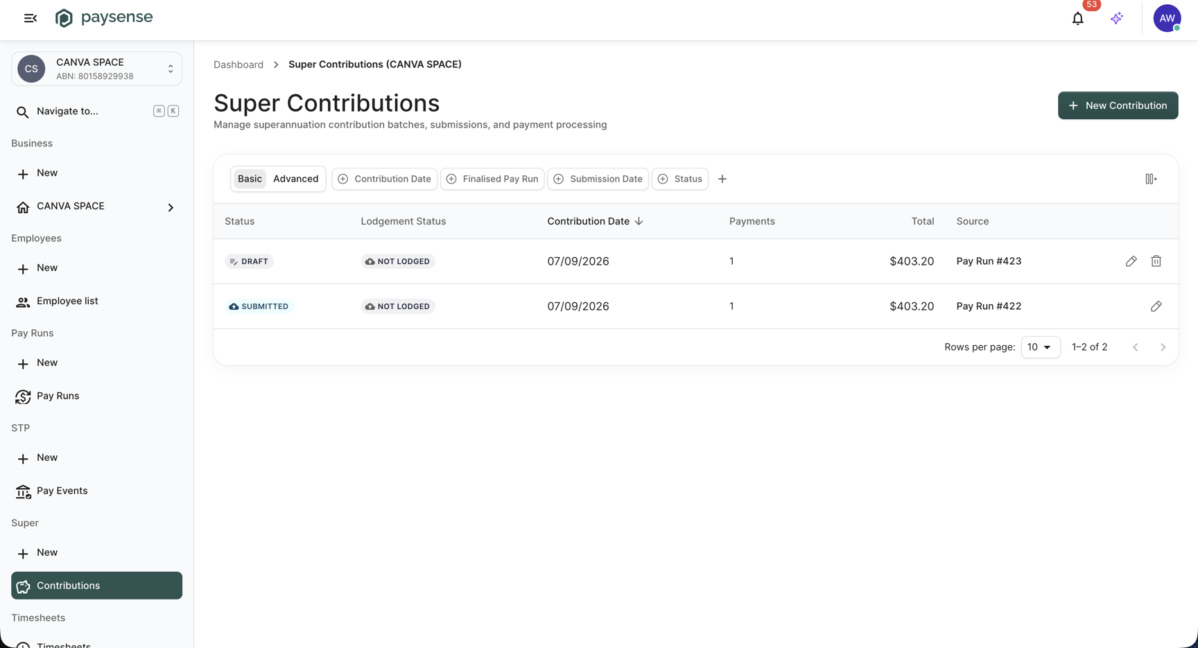 Super Contributions list showing one contribution with status Draft and lodgement status Not Lodged, sourced from Pay Run #423